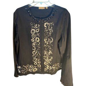 Embellished Black Jacket With Beaded Neckline & Floral Embroidery Design By Choi